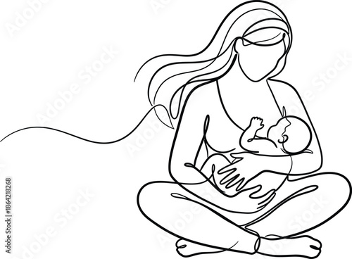 One Continuous Line Art Drawing Of A Mother Breastfeeding Her Newborn Baby While Sitting Cross Legged On A White Background
