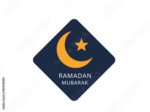 Ramadan Mubarak Greeting with Crescent Moon and Star on Dark Blue Diamond Shape Background
