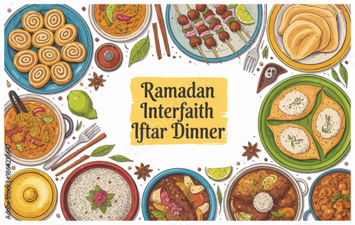 top view drawing of iftar dinner on the table in detailed vector style, featuring traditional ramadan food and drinks for festive celebration designs.