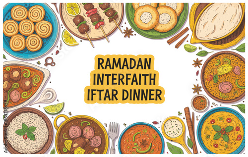 top view drawing of iftar dinner on the table in detailed vector style, featuring traditional ramadan food and drinks for festive celebration designs.