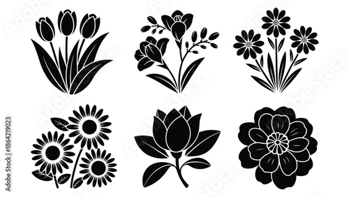 Six Different Black and White Floral flowers tulips
