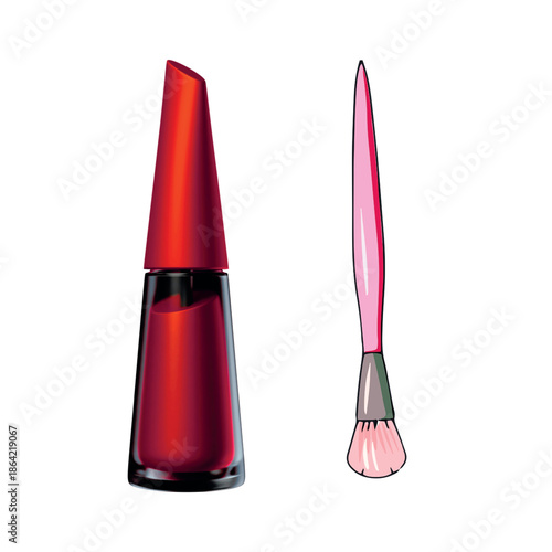 Glossy Red Nail Polish with a Soft Pink Cosmetic Brush Set