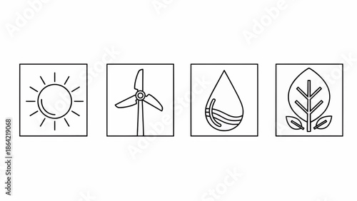 Illustrations of renewable energy sources, sun, wind turbine, water droplet, and plant in a row