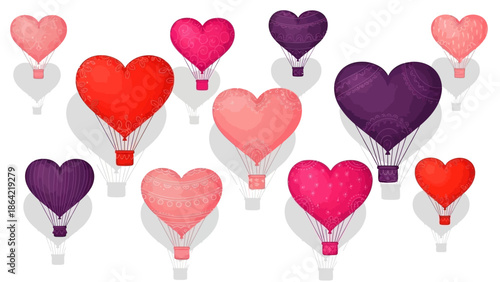Vibrant heart shaped hot air balloons in various colors and patterns