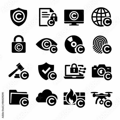 Copyright protection icons set representing digital security and intellectual property concepts