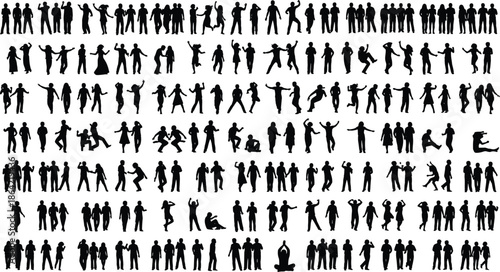 Silhouette grid of people in varied poses and groupings, human behavior concept for interaction, movement, and lifestyle themes.