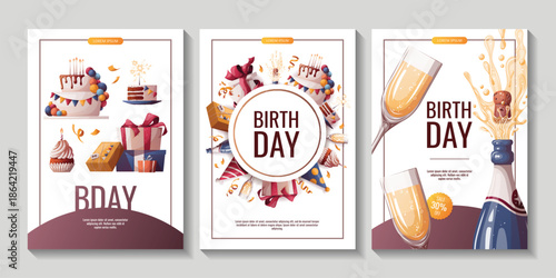 Set of Birthday promo flyers with cake, champagne, cupcake, gifts, caps, confetti. Birthday party, celebration, holiday, event, festive concept. Vector illustration. Banner, flyer, advertising.

