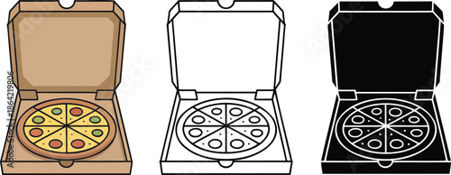 Pizza box silhouette & Outline and illustration set isolated on transparent background