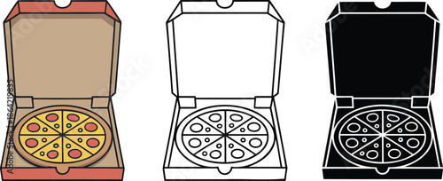 Pizza box silhouette & Outline and illustration set isolated on transparent background