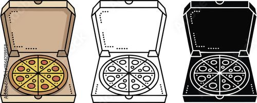 Pizza box silhouette & Outline and illustration set isolated on transparent background