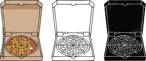 Pizza box silhouette & Outline and illustration set isolated on transparent background