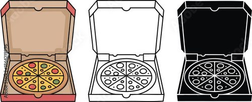 Pizza box silhouette & Outline and illustration set isolated on transparent background