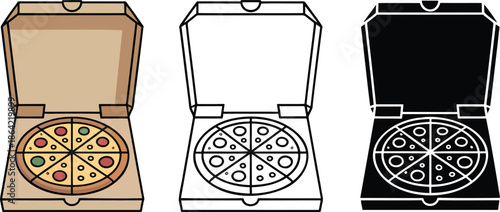 Pizza box silhouette & Outline and illustration set isolated on transparent background