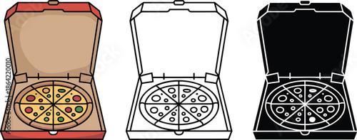 Pizza box silhouette & Outline and illustration set isolated on transparent background