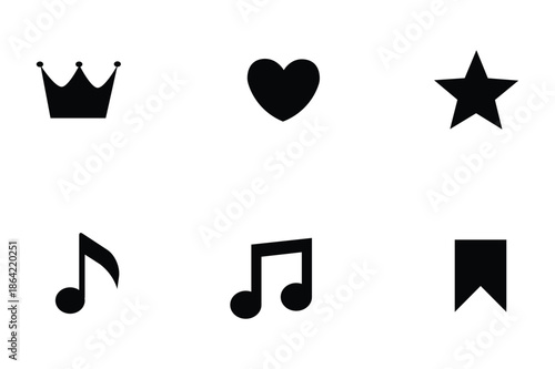 Vector Icon Set: Crown, Heart, Star, Music Notes, Bookmark