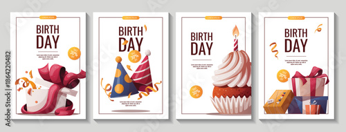 Set of Birthday promo flyers with cupcake, gifts, caps, confetti. Birthday party, celebration, holiday, event, festive concept. Vector illustration. Banner, flyer, advertising.

