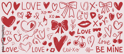 Hand-drawn Valentine's Day heart doodles, love symbols, bows, and kisses illustration on pink background