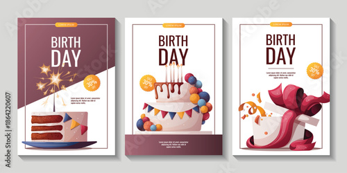 Set of Birthday promo flyers with cake, gifts, confetti. Birthday party, celebration, holiday, event, festive concept. Vector illustration. Banner, flyer, advertising.

