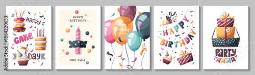 Birthday card set with cakes, gifts, balloons. Handwritten lettering. Birthday party, celebration, congratulations, invitation concept. Vector illustration. Postcard, card, cover.

