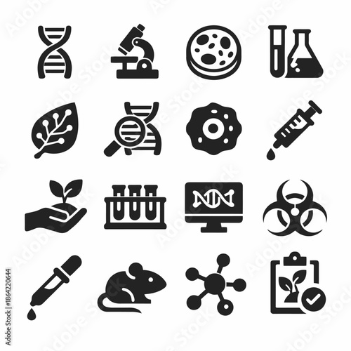 Collection of science and biology icons featuring lab equipment and dna symbols