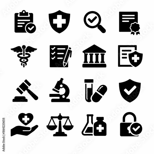 Medical and legal icons set featuring healthcare and law symbols