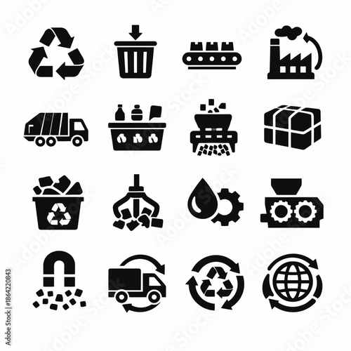 Recycling and waste management icons set: symbols for processing and sustainability