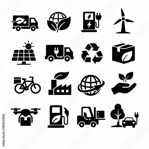Eco-friendly icons set featuring renewable energy and sustainable transportation