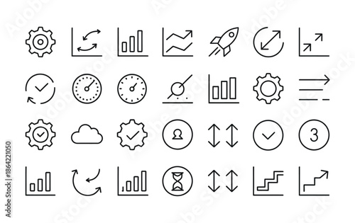 set of outline icons related to progress, growth, and efficiency, designed as a clean linear icon collection with editable stroke, perfect for business and productivity vector illustrations.