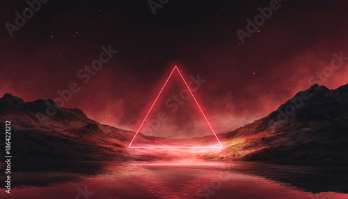 Futuristic night landscape, red neon, geometric shape in the center. Neon light reflected in water. 3D illustration.