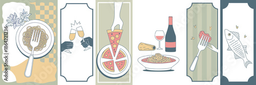 Charming vector illustration collection portraying diverse culinary delights, fine dining moments, and gourmet ingredients for restaurant menus and food branding