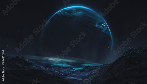 Futuristic night landscape, blue neon, geometric shape in the center, cold planet. Neon light reflected in water. 3D illustration.