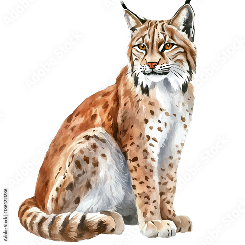 Lynx, watercolor illustration featuring soft shadows and luminous, isolated on a white background.