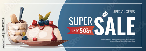 Banner design with Panna cotta and tiramisu. Italian dessert, sweet food, bakery, cooking, recipes, restaurant menu concept. Vector illustration for poster, banner, promo.

