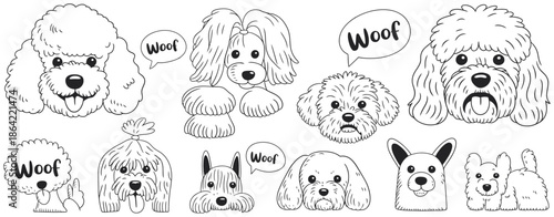 Set of adorable dog faces with expressive emotions and speech bubbles