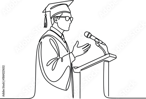 Continuous line drawing of a male graduate student giving a speech at a podium wearing a graduation cap and gown