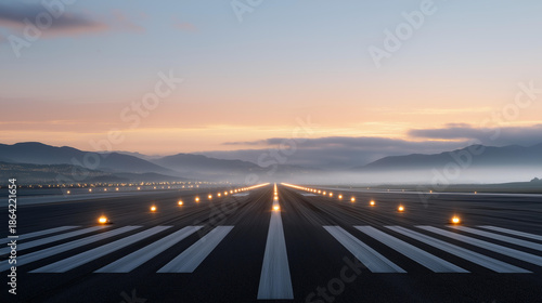 An empty airport runway at dawn with centerline lights fading into morning fog, capturing calm anticipation before the first departures of the day. cinematic color correction, natural uneven