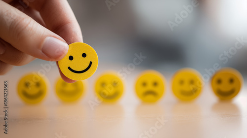 Hand Choosing Happy Face Customer Feedback Rating