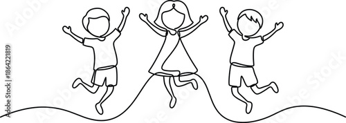 Continuous line drawing of happy children jumping for joy celebrating childhood friendship in minimalist vector style for school education themes