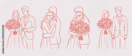 Couple Embracing with Bouquets Romantic Line Art Illustration of Love and Celebration