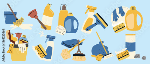 Cleaning tools mop, detergent, duster set. Vector illustration in cartoon flat style. House Equpment for clean home, laundry items. Housework elements set, cleaning supplies collection
