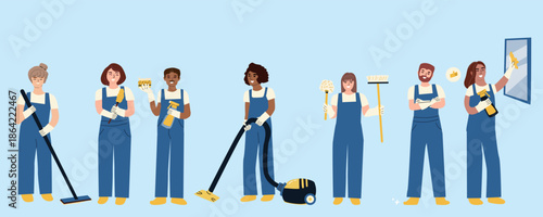 Clean workers with homework tools. Vector illustration in flat style. Man and woman cleaning company staff set.