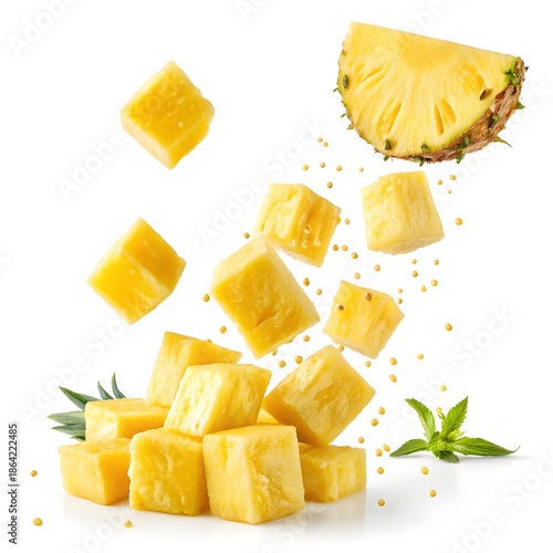 Fresh Pineapple Chunks Falling in Mid-Air, Isolated on White Background – Premium Food Photography