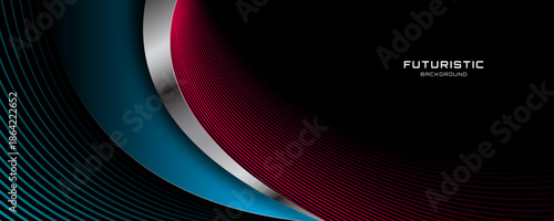 3D blue red techno abstract background overlap layer on dark space with curved silver lines decoration. Modern graphic design element stripes style concept for web, flyer, card, or brochure cover