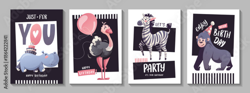 Set of Birthday greeting card with cute jungle animals. Hippopotamus, zebra, ostrich, gorilla monkey, cake, balloon. Vector illustration.

