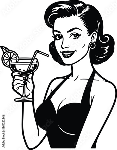 Retro woman holding cocktail with lemon slice drink