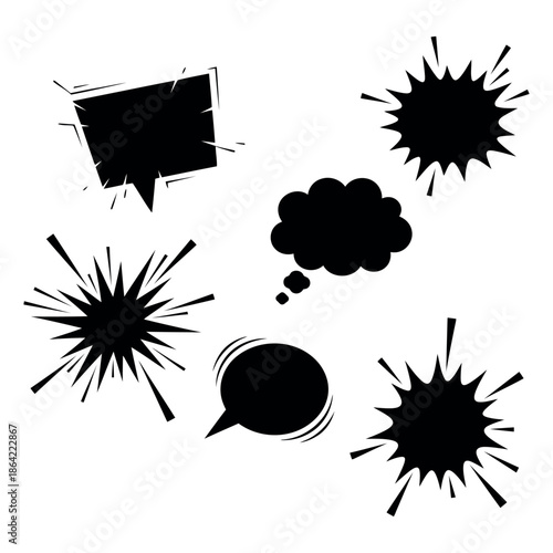 Versatile collection of black comic style speech, thought bubbles, and explosive burst shapes