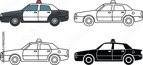 Police Car silhouette & Outline and illustration set isolated on transparent background