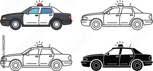 Police Car silhouette & Outline and illustration set isolated on transparent background
