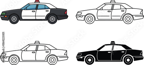 Police Car silhouette & Outline and illustration set isolated on transparent background
