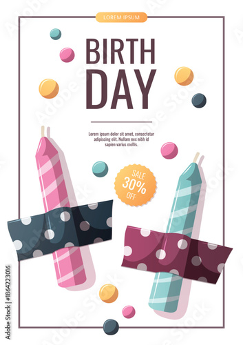 Birthday flyer with taped candles and confetti. Birthday party, celebration, congratulations concept. Vector illustration for promo, sale, banner, advertising.

